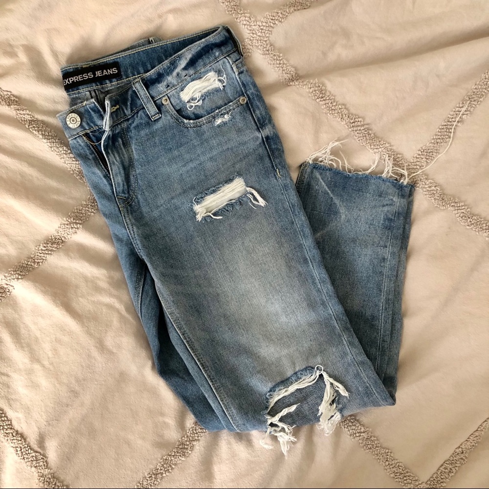 Express Distressed Raw Hem Straight Jeans